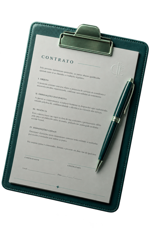 Prancheta com contrato de consultoria e caneta