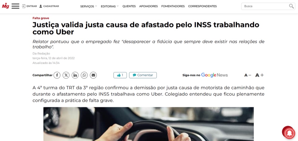 Matéria no Migalhas sobre justa causa no transporte